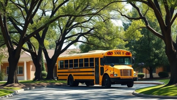 School bus parked in Texas school district, sunny day.