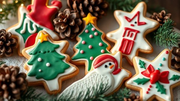 Festive healthy sugar cookies on a wooden board with holiday decor.