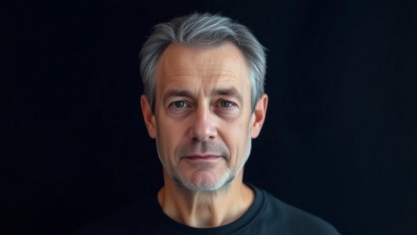 Middle-aged man's portrait against dark background, neutral expression.