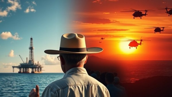 Composite showing oil rig, rally speaker, pumpjack, and helicopter for Venezuela oil blockade.