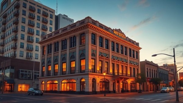 Galveston office tower transformed into modern hotel in evening light.
