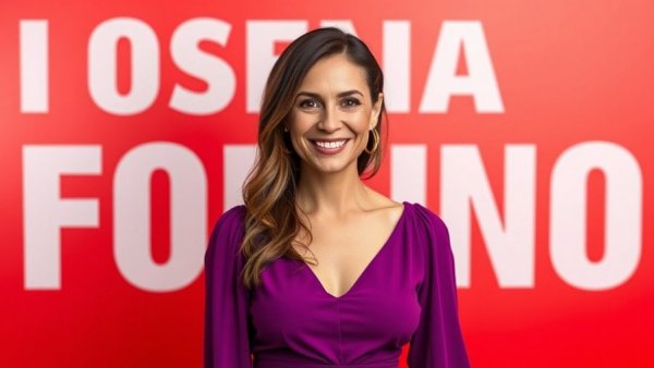 Smiling woman in purple dress discussing hormone mental health link.
