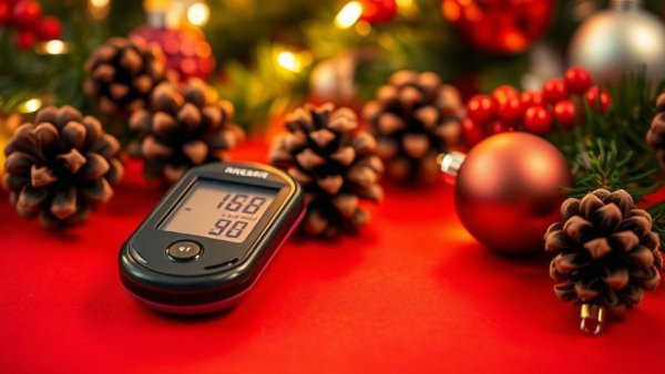 Managing Type 2 diabetes during the holidays with glucose meter and ornaments.