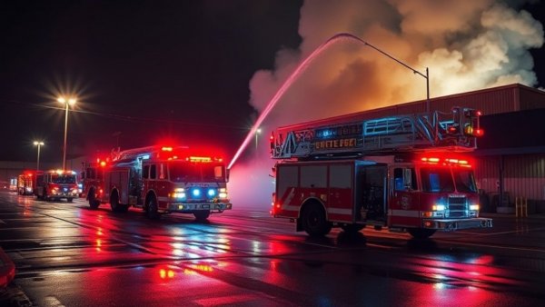 Emergency response at commercial building fire in Harris County, nighttime scene.