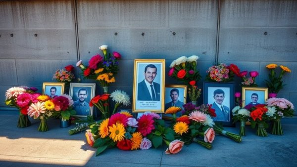 Memorial for victims with flowers and photos, police tape, bright daylight.