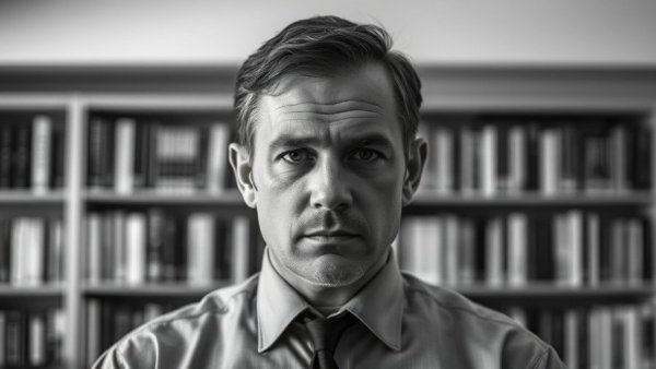 Black and white portrait of a man with serious expression indoors, Norman Podhoretz neoconservatism.