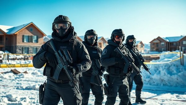 Immigration news USA: officers at a snowy construction site with police tape.