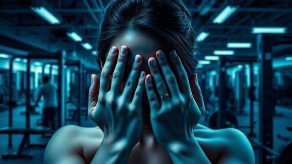 Distorted image of woman hiding face, gym scene overlay, exercise stress.