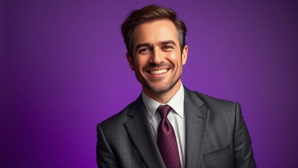 Smiling man in suit against purple background, Gil Gerard Buck Rogers.