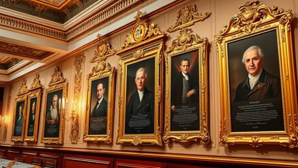 Ornate framed portraits in an elegant display commemorating historical figures.