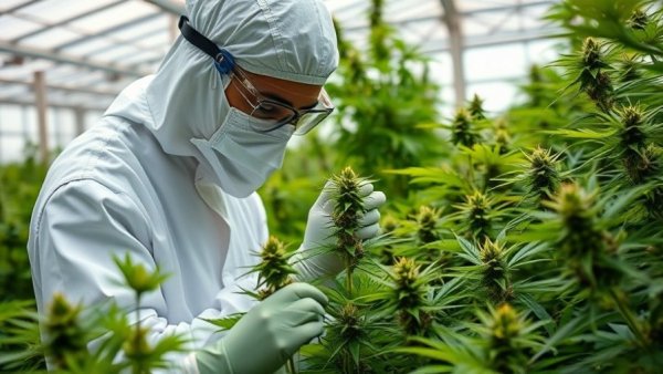 Scientist in protective gear examining cannabis plants, related to Trump marijuana Schedule III reclassification.
