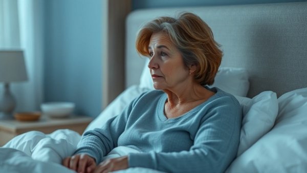 Contemplative woman in bed offering sleep tips for seniors.