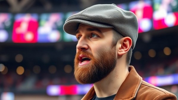 Bearded man with cap during live broadcast indoors, blurred lights.