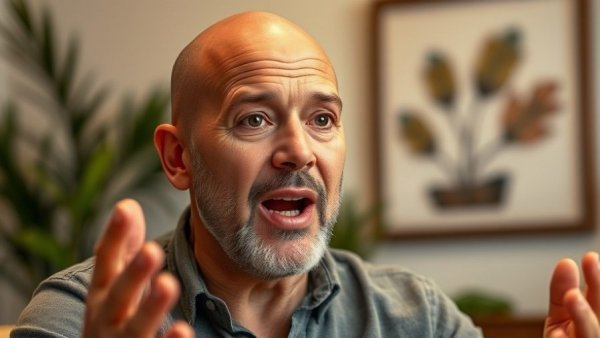 Middle-aged man passionately speaking about natural sleep remedies for older adults.