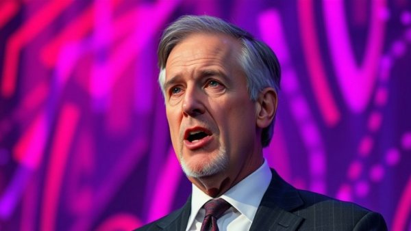 Man speaking in front of colorful lights about Texas bathroom bill tip line.