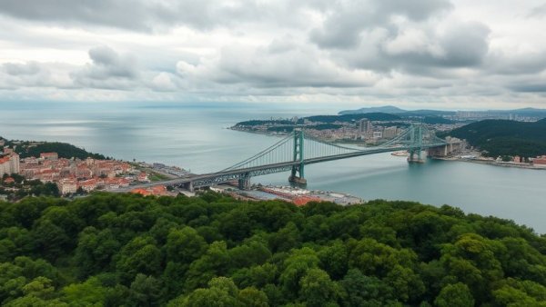 Aerial view of Oregon coastal city with bridge, cloudy skies.