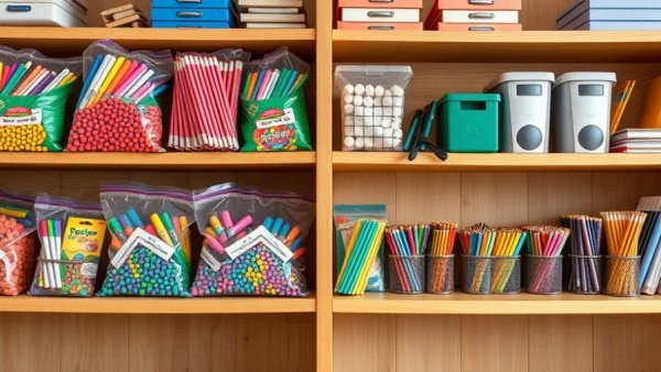 Organized classroom supplies on shelves, related to Texas education bills.