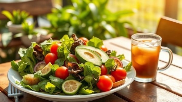 San Antonio vegan dining: Fresh vegan brunch with salad and iced coffee.