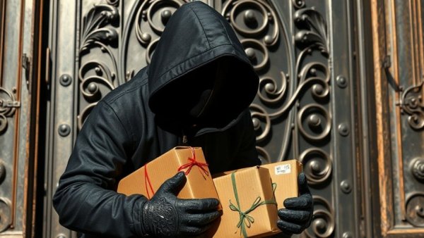 Porch pirates Texas package theft scene with individual disguised stealing parcels.