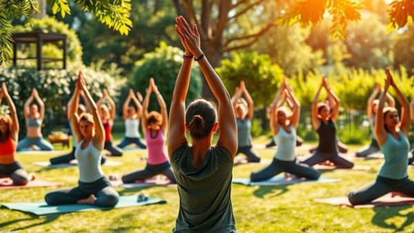 Austin lifestyle: Outdoor yoga class in a lush garden setting, participants stretching.