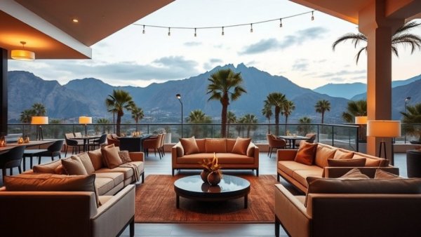Modern Palm Springs lounge with mountain view, perfect winter escape.