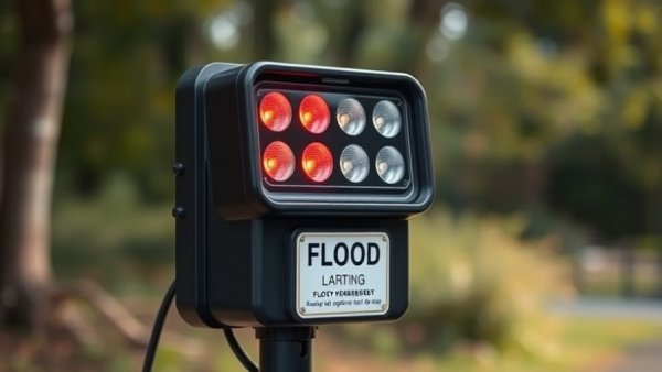 Black flood warning device in Texas natural setting.