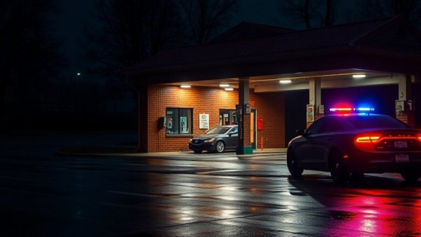 Night scene of San Antonio stabbing incident at a car wash with police presence.