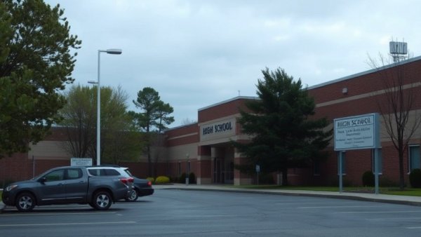 Baytown Sterling High School exterior view with sign and vehicles.