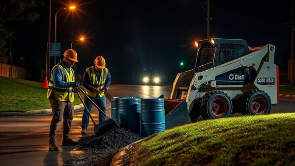 Nighttime kerosene spill cleanup in Round Rock with workers and equipment.