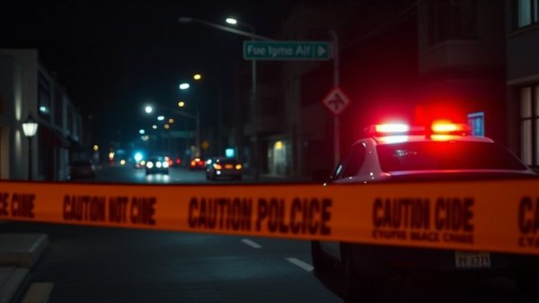 Nighttime crime scene in Austin with police car and caution tape.