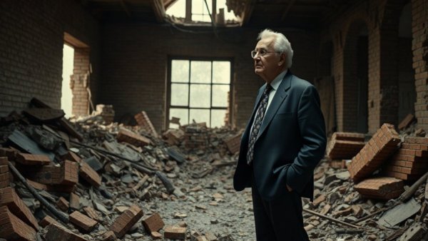 Elderly man stands in rubble from West Texas train wreck in dimly lit room.