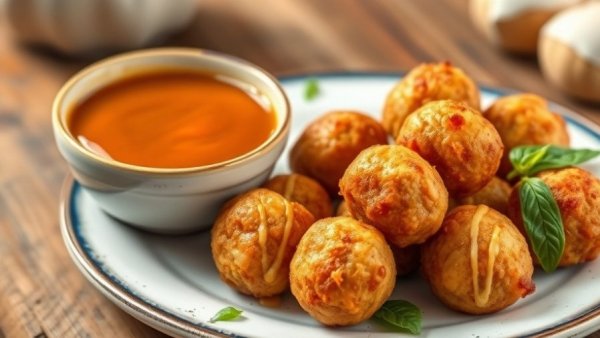 Golden brown mini meatballs with apricot dipping sauce on plate.