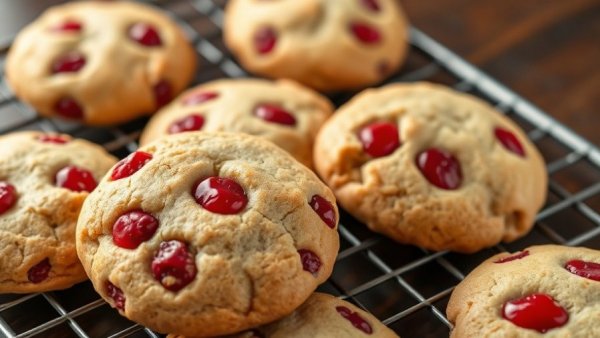 Cheery Cherry Christmas Cookies on a dark table with red napkin.