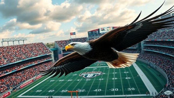 Bald eagle soaring over stadium, symbolizing sports fan engagement.
