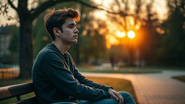 Contemplative person sitting on a bench at sunset in a park, promoting health and wellness during holidays.