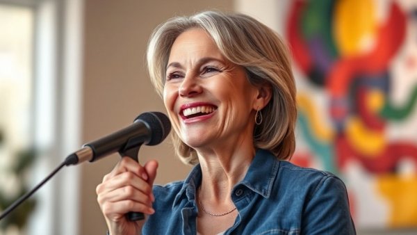 Middle-aged woman promoting healthy aging for women, speaking energetically.