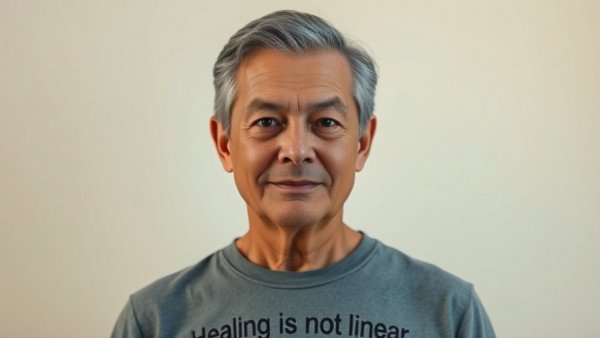 Middle-aged person wearing a 'Healing is not linear' shirt, promoting mental health for seniors.