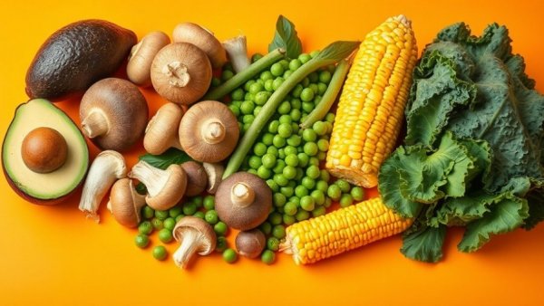 Vibrant high-protein vegetables on orange background.