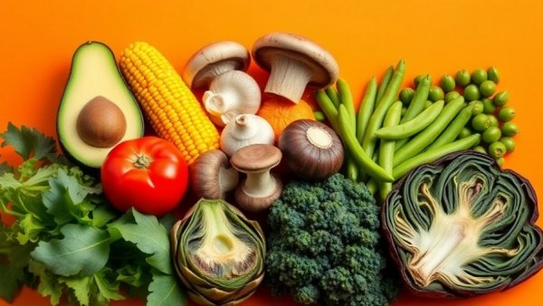 Assorted high protein vegetables on orange background.