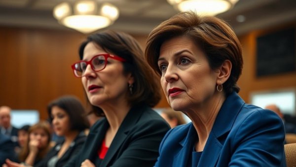 Two women discussing affordability policies USA at an official meeting.