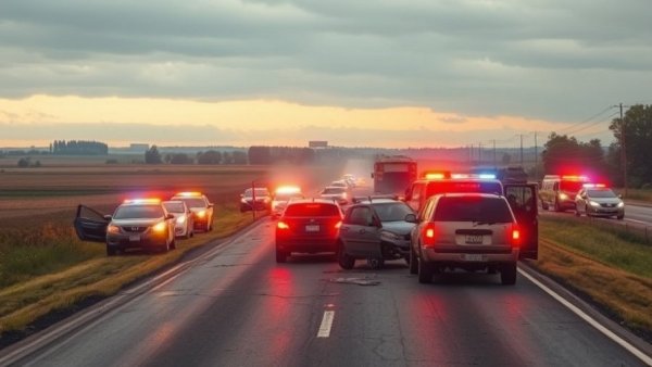 Emergency vehicles responding to accident on rural San Antonio road at dusk.