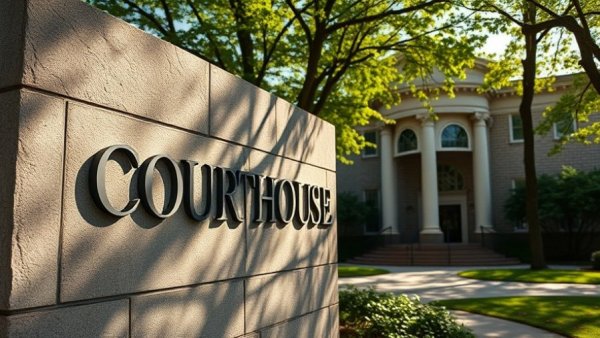United States Courthouse sign with trees and building in background