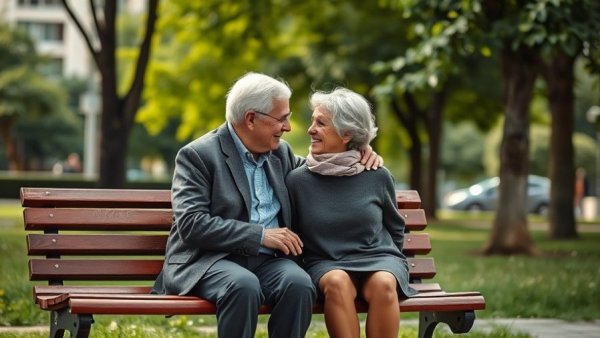 Elderly couple discussing America's aging population crisis in a park.