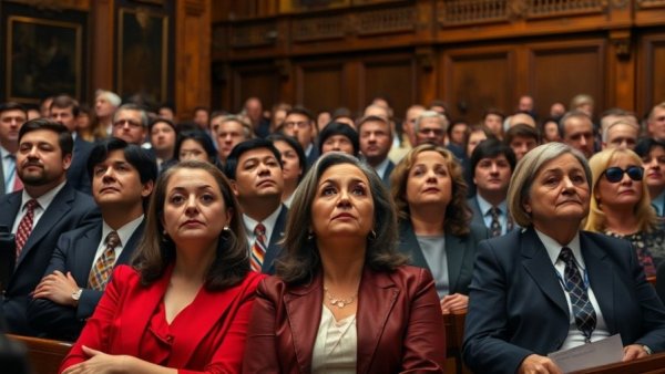 Group gathered in legislative chamber for Texas politics news.