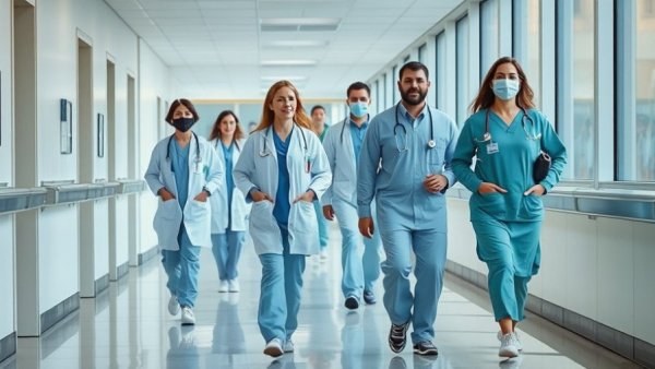 Healthcare workers walking in hospital corridor, promoting health and wellness.