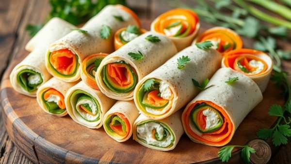 Delicious veggie cream cheese roll-ups arranged with fresh herbs.