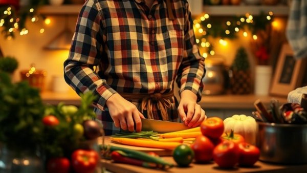Holiday wellness tips: person preparing healthy meal in festive kitchen.