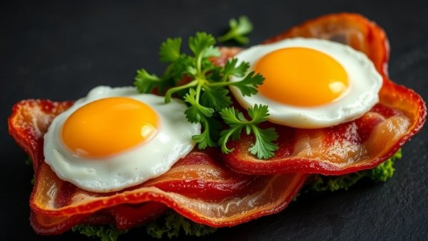 High-protein foods for seniors: eggs and bacon on a plate.