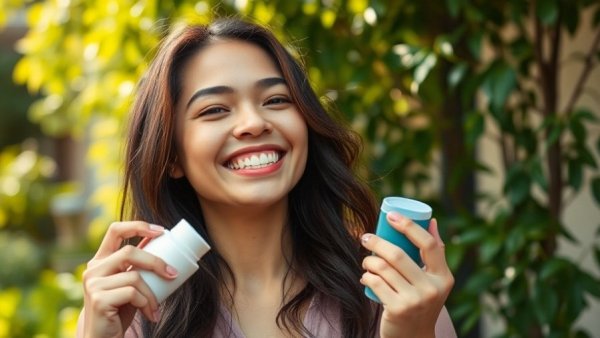Young woman applying deodorant outdoors, casual setting.