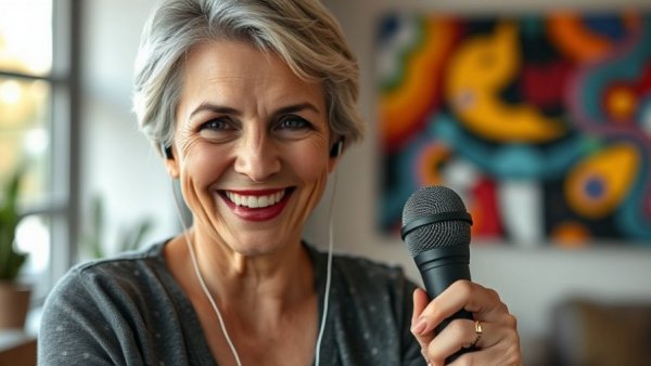 Middle-aged woman gives healthy aging tips for menopause, smiling indoors.